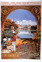 Poster advertising French railways of Paris Lyon, promoting the city of Fontainebleau.