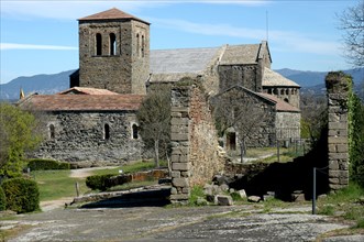 Overview of the Monastery of Sant Pere de Casserres with the bell tower in the foreground.