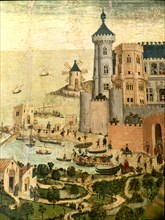 Saint George Altarpiece. Detail of the city of Mallorca port, with the towers of the Almudaina, d?