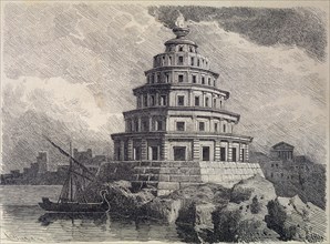 The Lighthouse of Alexandria in the port of the city, German engraving from 1886, is one of the s?