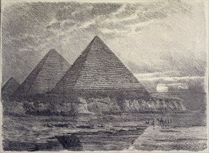 Pyramids of Egypt, German engraving from 1886, is one of the seven wonders of the world..