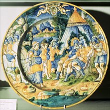 Scene of the Darius family before Alexander, decorating a Faenza dish of 1563.
