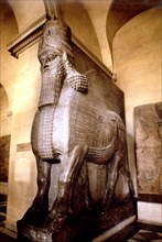 Man-headed bull, gatekeeper of Sargon II at Khorsabad dated about 722 BC.