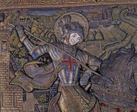 Frontal of Saint George, in linen embroidered fabric, year 1450-1451, detail of St. George.
