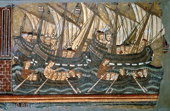St. Ursula and the Virgins in his journey to Rome in sailing and rowing boats, fragment of a tabl?