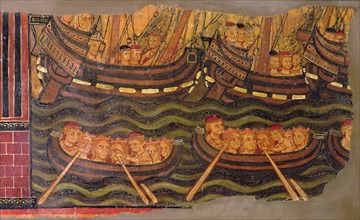 St. Ursula and the Virgins in their journey to Rome in sailing and rowing boats. Detail of a tabl?