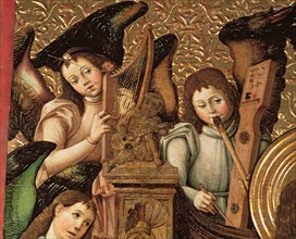 Detail of the central panel of an altarpiece dedicated to St. Vincent Martyr, angels playing harp?