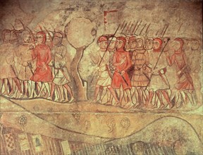Military retinue against Almogavars, mural Painting in the old Royal Palace in Barcelona, known a?