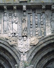 Santiago Cathedral, dated from 1103, detail of the figures of Salvador and Santiago Apostle on th?