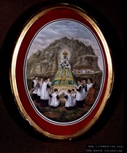 Virgin of Montserrat. Oval lithograph with soft color.
