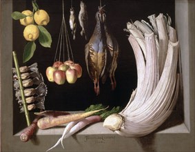 'Still Life with Game, Vegetables and Fruits',  by Juan Sanchez Cotan 1602.