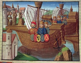 The Crusaders returning from the Holy Land, miniature in the incunable 'Ogier le Danois', printed?