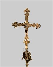 Processional cross, front, made of gilded silver, wood and glazed plates, from the Church of Sant?