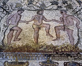 Mosaic in the Amphitheatre house representing treading grapes, preserved in the archaeological si?