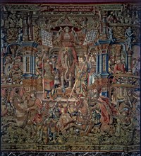 Honours'. 'The Fame', central detail of tapestry # 6 representing Fame seated on an elephant and ?