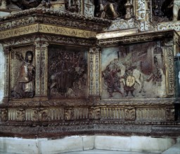 Detail of the predella of the Altar of the Royal Chapel of Granada with the reliefs of the conque?