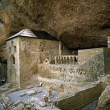 View of the cloister of San Juan de la Peña under the rock of the Benedictine monastery.