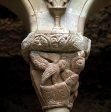 Detail of a capital representing 'The Dream of St. Joseph' in the cloister of the monastery of Sa?