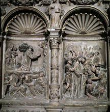 Detail of the base of the altarpiece in the main altar of the cathedral of Barbastro, with scenes?