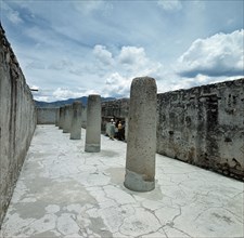 View of the hall of columns of the ruins of Mitla.