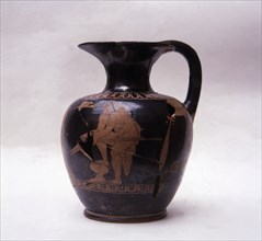 Oinoche of Attic red-figure pottery, Theseus between two warriors, in the Iberian necropolis of A?