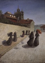 'Walk beside the church', oil on canvas by Dario Regoyos.