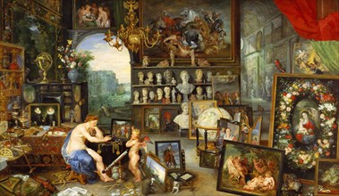 The Sight', represented by a naked nymph looking at a painting showed by a winged cherub, by Jan ?