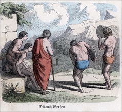 Ancient History. Greece. Athletic competitions, discus game. German engraving, 1865.