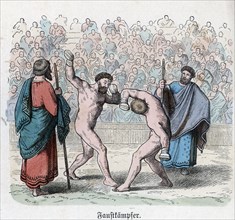 Ancient History. Greece. Athletic competitions. Fight. German engraving, 1865.
