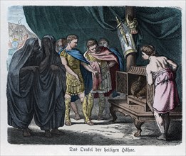 Ancient History. Rome. Oracle of the sacred cocks. German engraving, 1865.