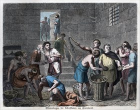 Ancient History. Rome. Dungeons of agricultural slaves. German engraving, 1865.