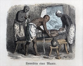 Ancient History. Egypt. Preparing a mummy. German engraving, 1865.