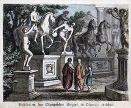 Ancient History. Greece. Statues in honor of the winners. German engraving, 1880.