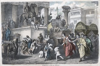 Ancient History. Rome. Scene in a Roman street. German engraving, 1865.