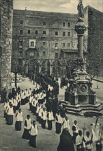 Easter procession at the monastery of Montserrat, the Via Crucis, postcard from 1920s.