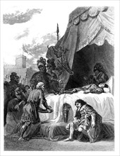 Funeral of Bertran Duguesclin (1320-1380), French marshal, engraving from 1853.