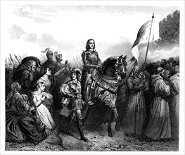 Joan of Arc (1412-1431) entering Orleans on May 18, 1429, engraving from 1853.
