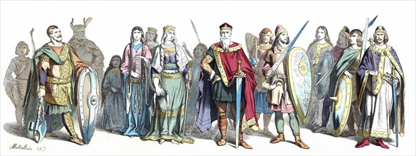 Personages in the court of Charlemagne. Late 8th century, German engraving 1860.