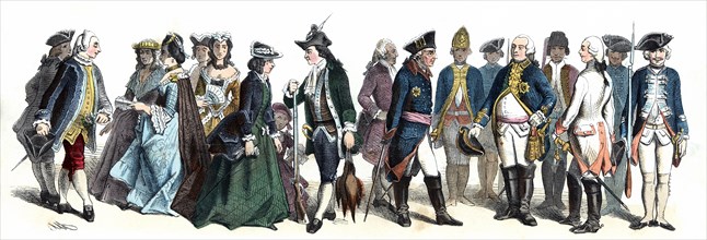 Personages from the time of Frederick the Great, 18th century. German Engraving 1860.