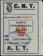 Membership card to the CNT-AIT, 1939.