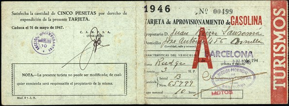 Gasoline rationing card. Barcelona, 1946.