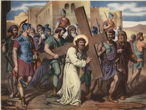 Via Crucis. Fifth station. Simon of Cyrene helps Jesus to carry the cross. Drawing by Pascual. Ba?