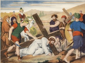Via Crucis. Seventh station. Jesus falls the second time. Drawing by Pascual. Barsal Editions, Ba?