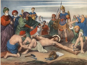 Via Crucis. Eleventh Station. Jesus is nailed to the cross. Drawing by Pascual. Barsal Editions, ?