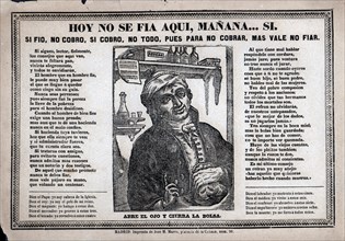 Popular engraving with the slogan 'Hoy no se fía aquí, mañana? Sí' (We don't lend on credit today?