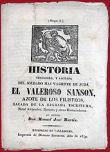 Three sheets booklet with the story 'The brave Samson'. Published in Valladolid, 1849.