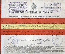 Special pass for the temporary export of a car to cross the border at La Junquera, 1931.