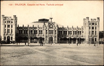 Valencia North Station, main façade, postcard, 1915s.