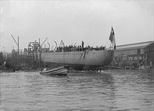 The launch of 'Almirante Simpson' at J. Samuel White shipyard, Cowes, 26th February 1914. Creator: Kirk & Sons of Cowes.