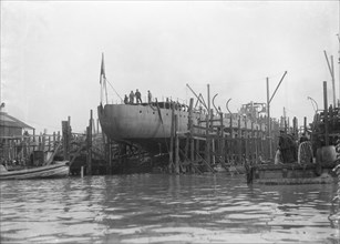 'Almirante Simpson' before launch at J. Samuel White shipyard, Cowes, 26th February 1914. Creator: Kirk & Sons of Cowes.